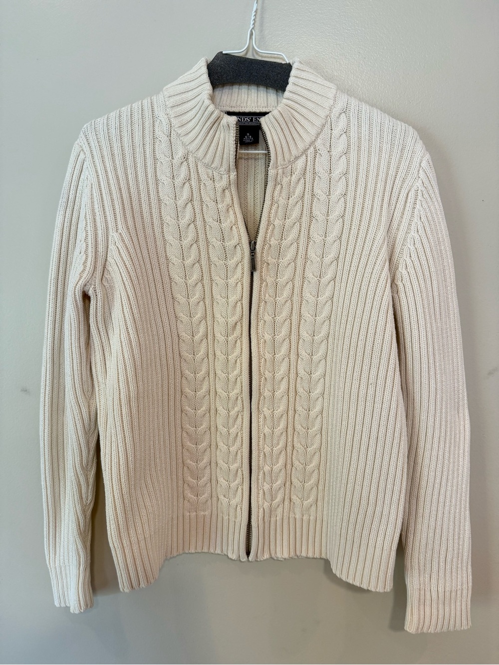 Lands' End Cream Cable-Knit Zip Cardigan
